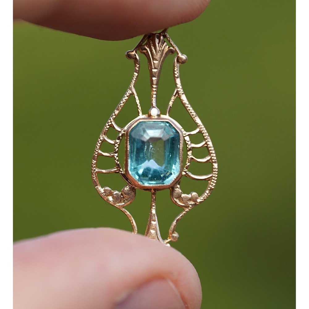 Antique 10k Solid Yellow‎ Gold Filigree Hand Engraved Natural Blue Topaz Pendant